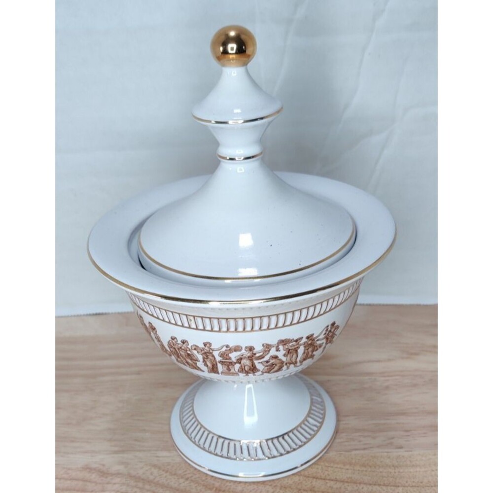 Vintage Fiorentina Italy Porcelain Lidded Pedestal Bowl Neoclassical Gold Gilt